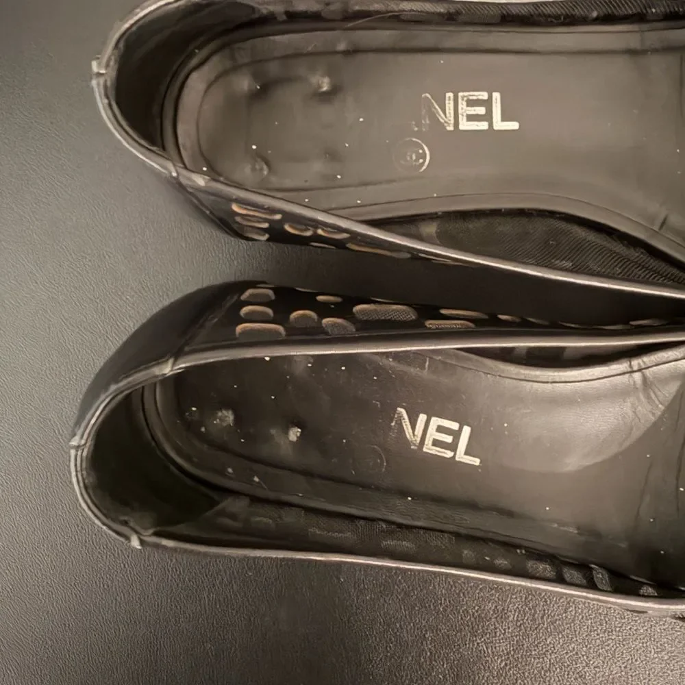 Chanel Black Leather and Mesh Ballet Flats Leather Cap Toe CC Logo 36.5